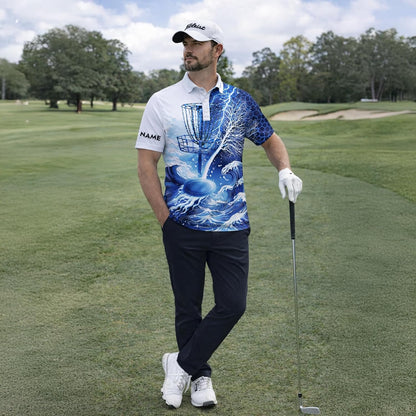 Disc Golf Polo Shirt Custom Name Disc Golf Basket Lightning Ocean Performance Sport Polo Shirt