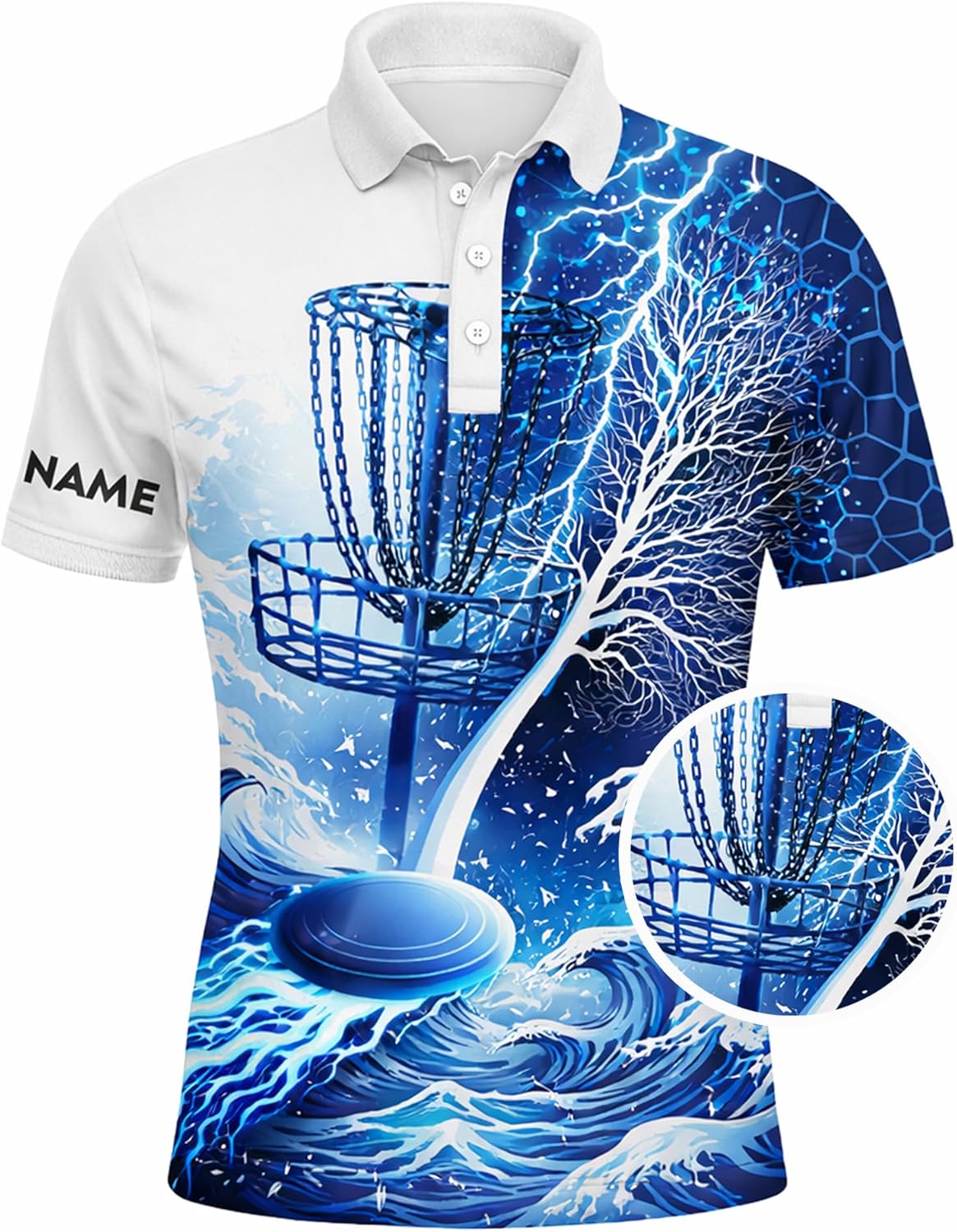Disc Golf Polo Shirt Custom Name Disc Golf Basket Lightning Ocean Performance Sport Polo Shirt