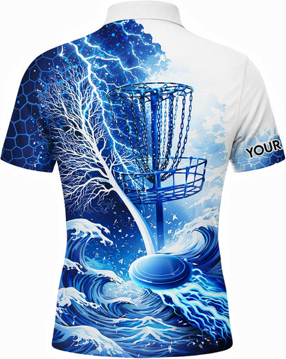 Disc Golf Polo Shirt Custom Name Disc Golf Basket Lightning Ocean Performance Sport Polo Shirt