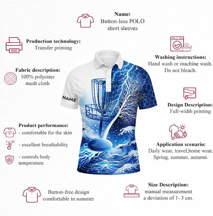Disc Golf Polo Shirt Custom Name Disc Golf Basket Lightning Ocean Performance Sport Polo Shirt