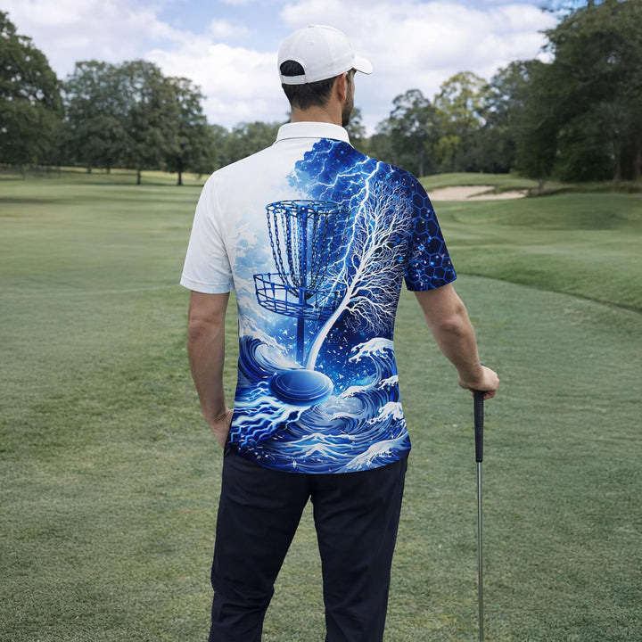 Disc Golf Polo Shirt Custom Name Disc Golf Basket Lightning Ocean Performance Sport Polo Shirt