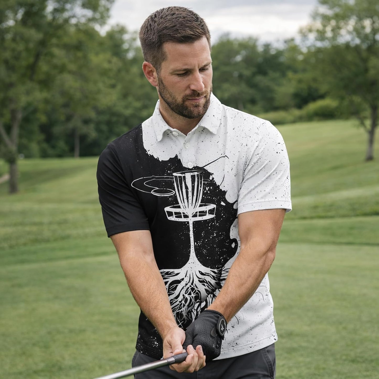 Disc Golf Polo Shirt Custom Name Disc Golf Basket Roots Performance Golf Polo Shirt Black