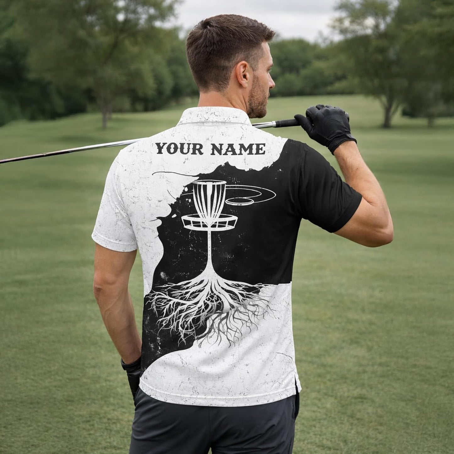 Disc Golf Polo Shirt Custom Name Disc Golf Basket Roots Performance Golf Polo Shirt Black