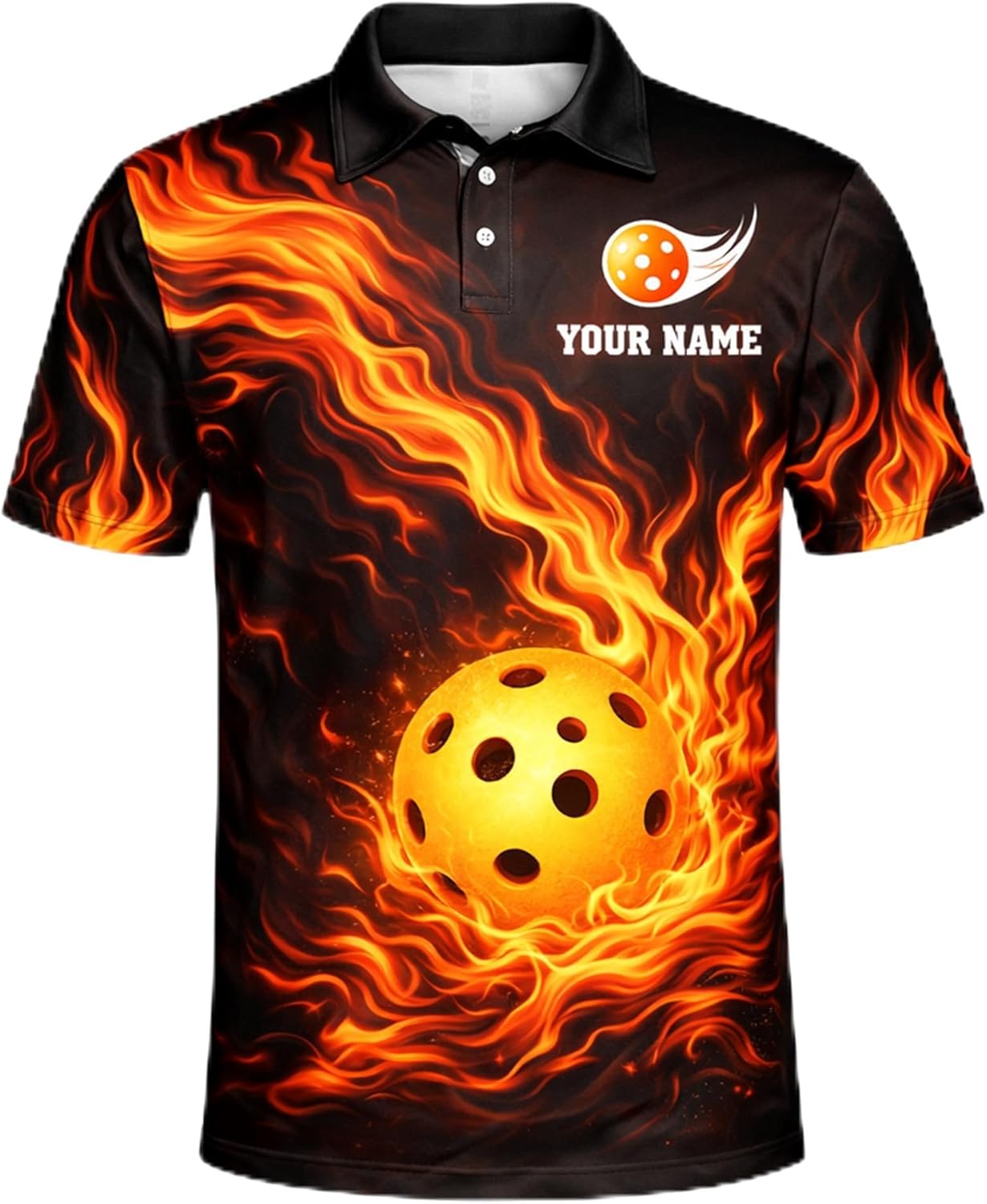 Fireball Custom Name Pickleball Polo Shirt Flame Design Performance Athletic Shirt