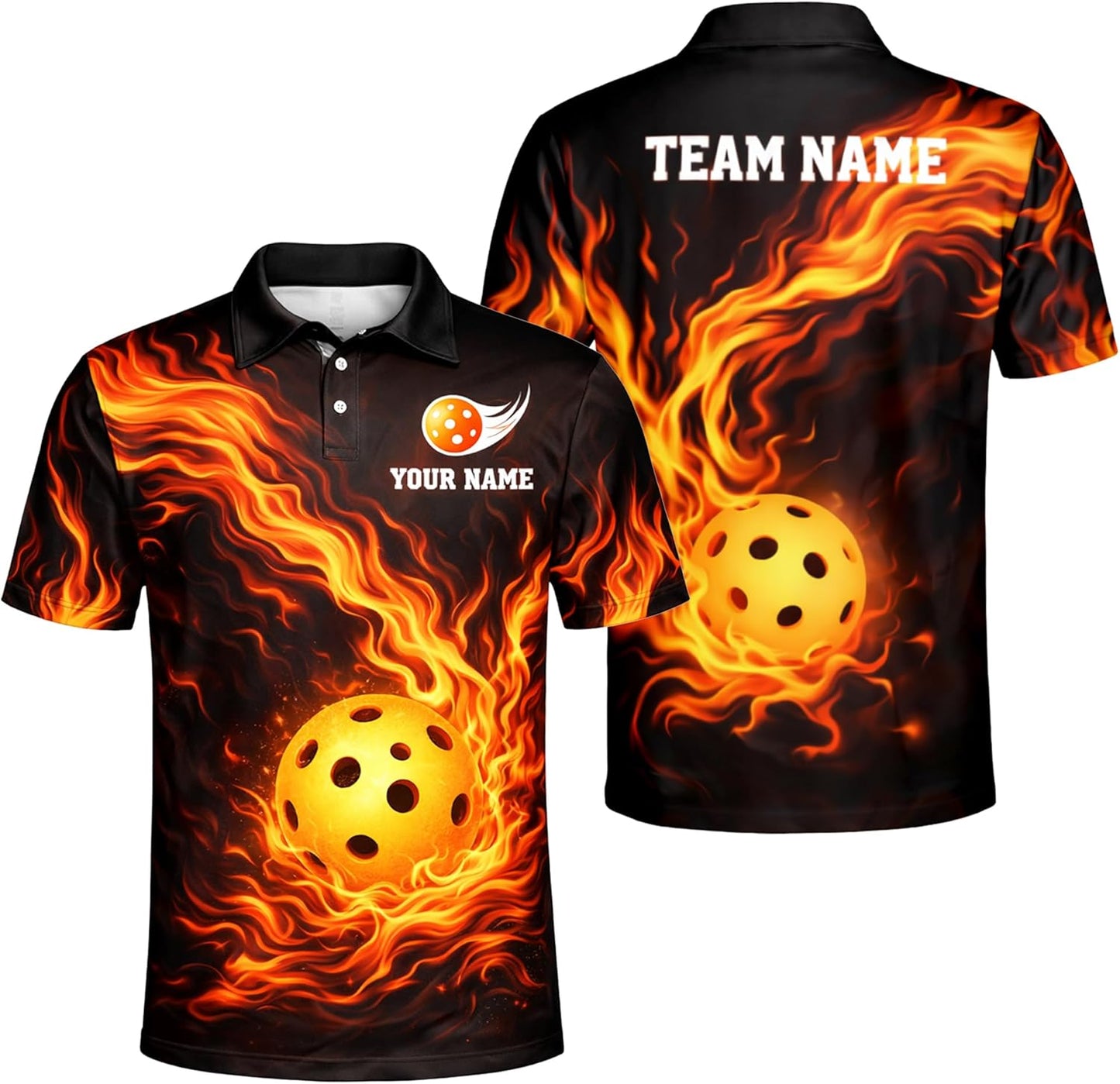 Fireball Custom Name Pickleball Polo Shirt Flame Design Performance Athletic Shirt