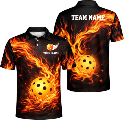 Fireball Custom Name Pickleball Polo Shirt Flame Design Performance Athletic Shirt