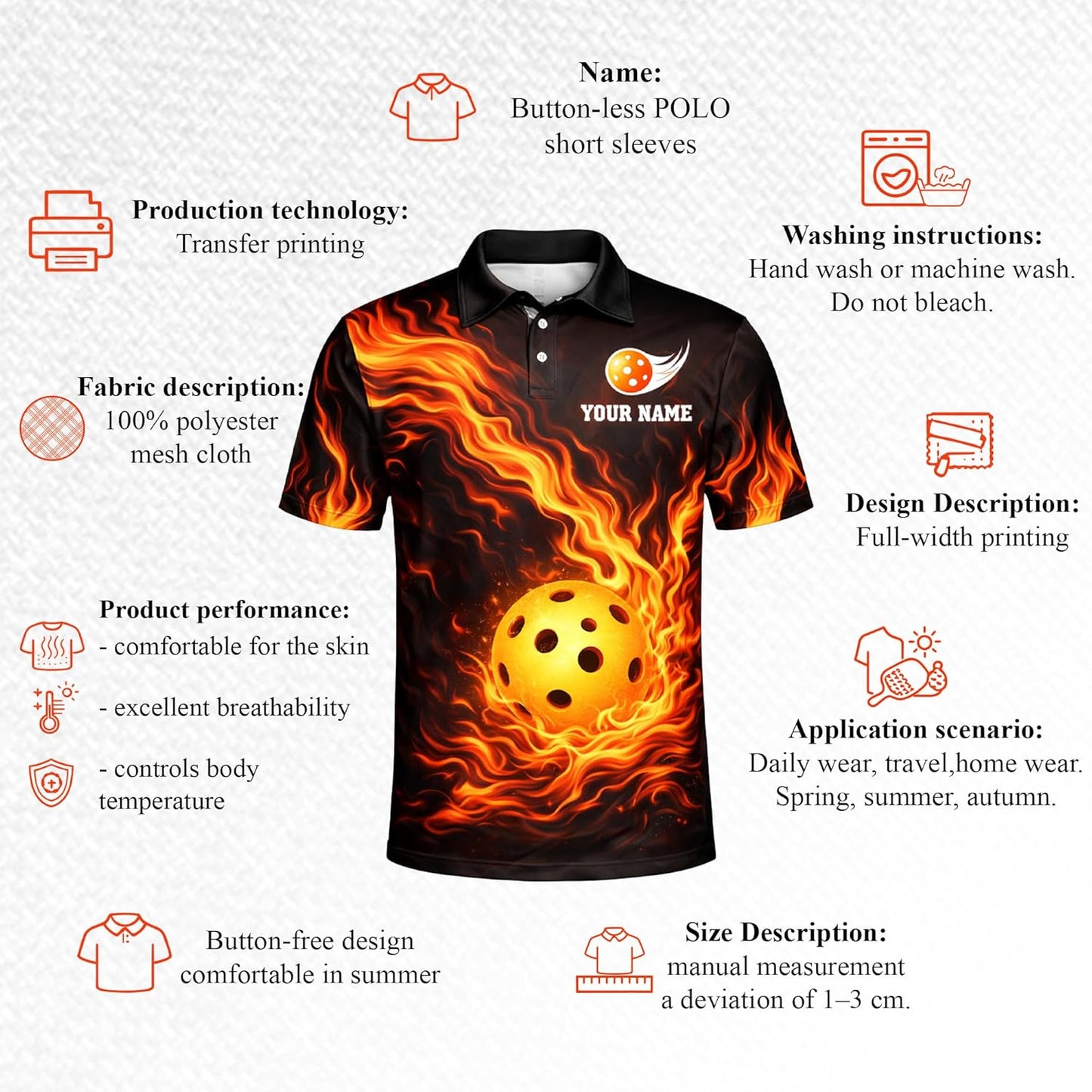 Fireball Custom Name Pickleball Polo Shirt Flame Design Performance Athletic Shirt