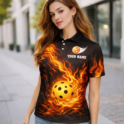 Fireball Custom Name Pickleball Polo Shirt Flame Design Performance Athletic Shirt