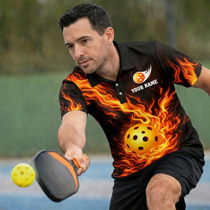 Fireball Custom Name Pickleball Polo Shirt Flame Design Performance Athletic Shirt