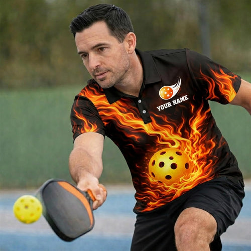 Fireball Custom Name Pickleball Polo Shirt Flame Design Performance Athletic Shirt