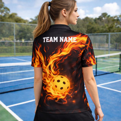 Fireball Custom Name Pickleball Polo Shirt Flame Design Performance Athletic Shirt