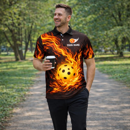 Fireball Custom Name Pickleball Polo Shirt Flame Design Performance Athletic Shirt