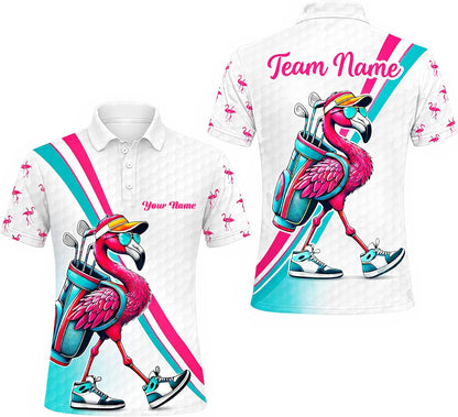 Flamingo Golf Polo Shirt Custom Name Team Golf Shirt Funny Flamingo Golfer Performance Polo