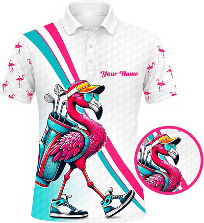 Flamingo Golf Polo Shirt Custom Name Team Golf Shirt Funny Flamingo Golfer Performance Polo
