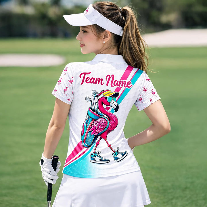 Flamingo Golf Polo Shirt Custom Name Team Golf Shirt Funny Flamingo Golfer Performance Polo