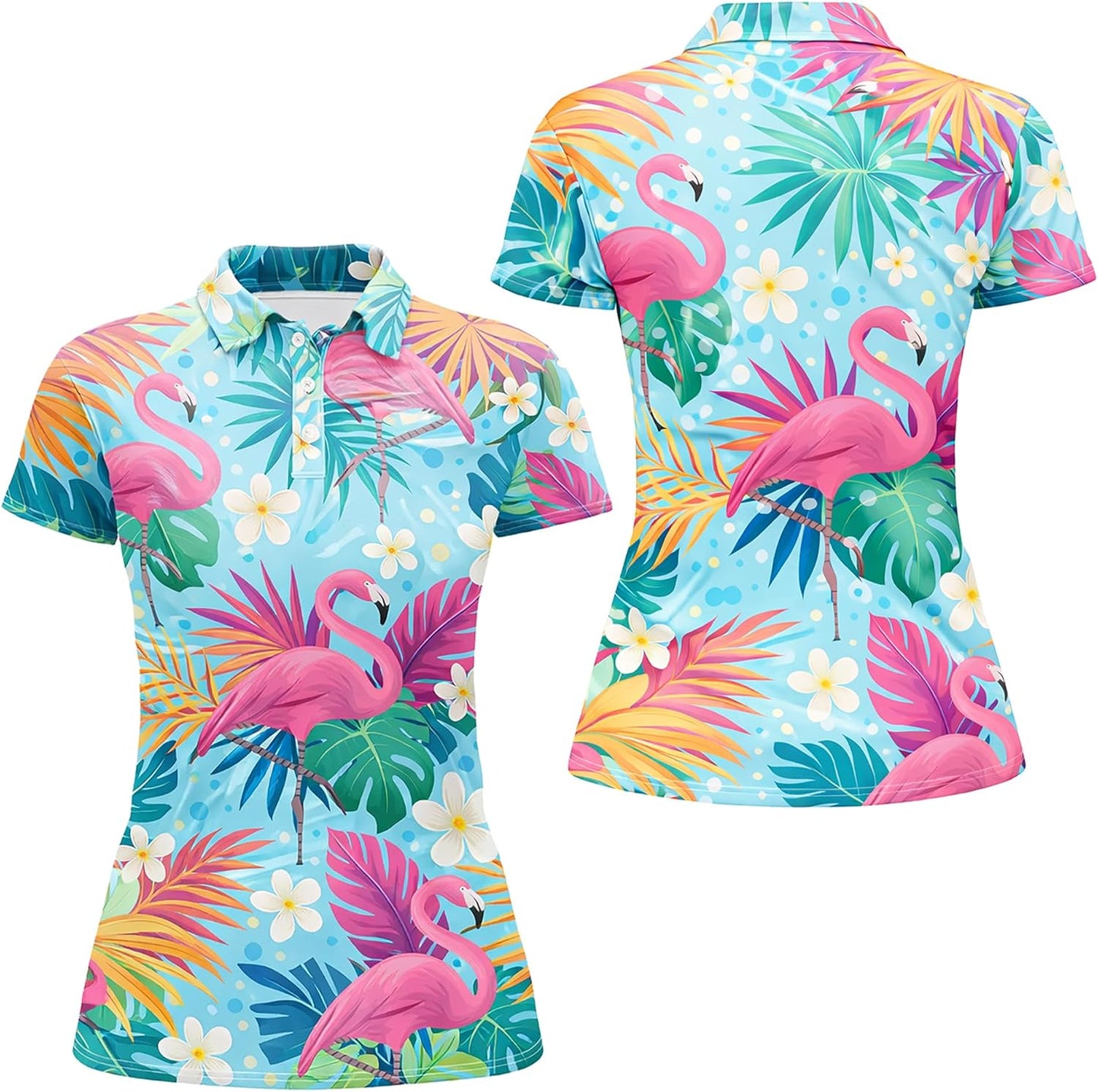 Flamingo Tropical Golf Polo Shirt Women Hawaiian Flamingo Floral Performance Polo