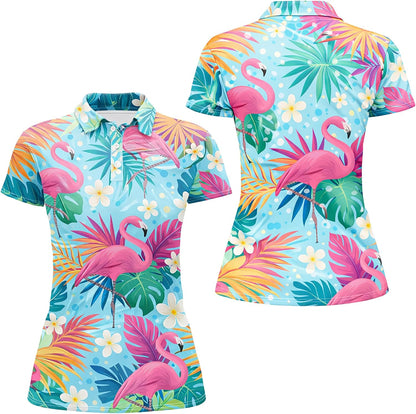 Flamingo Tropical Golf Polo Shirt Women Hawaiian Flamingo Floral Performance Polo
