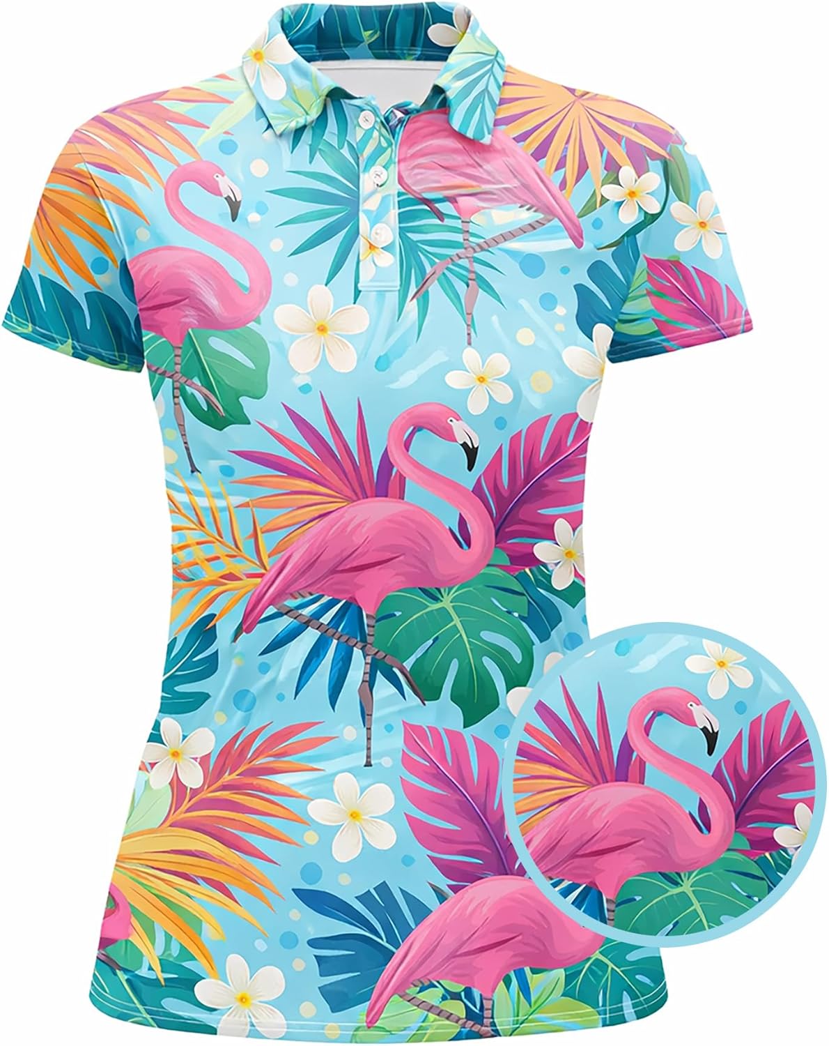 Flamingo Tropical Golf Polo Shirt Women Hawaiian Flamingo Floral Performance Polo