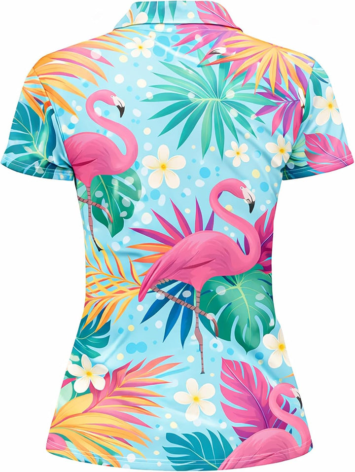 Flamingo Tropical Golf Polo Shirt Women Hawaiian Flamingo Floral Performance Polo