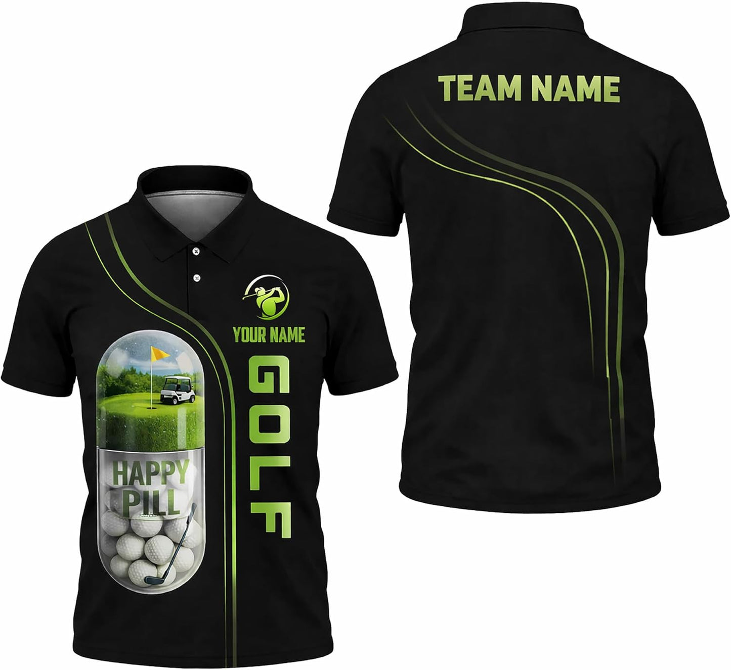 Funny Golf Polo Shirt Happy Pill Golf Ball Capsule Custom Name Performance Polo for Men Women Black