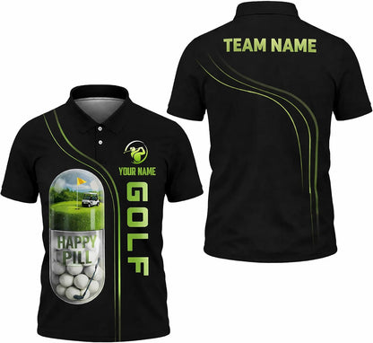 Funny Golf Polo Shirt Happy Pill Golf Ball Capsule Custom Name Performance Polo for Men Women Black