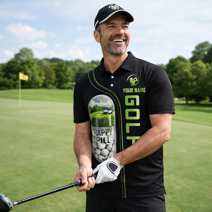 Funny Golf Polo Shirt Happy Pill Golf Ball Capsule Custom Name Performance Polo for Men Women Black