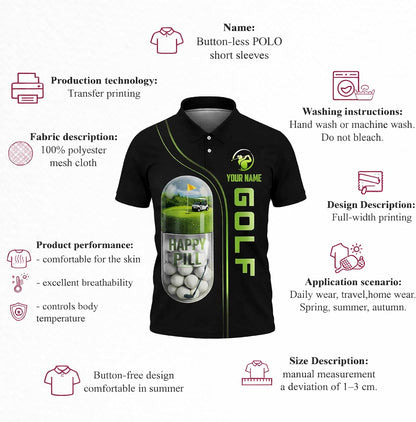 Funny Golf Polo Shirt Happy Pill Golf Ball Capsule Custom Name Performance Polo for Men Women Black