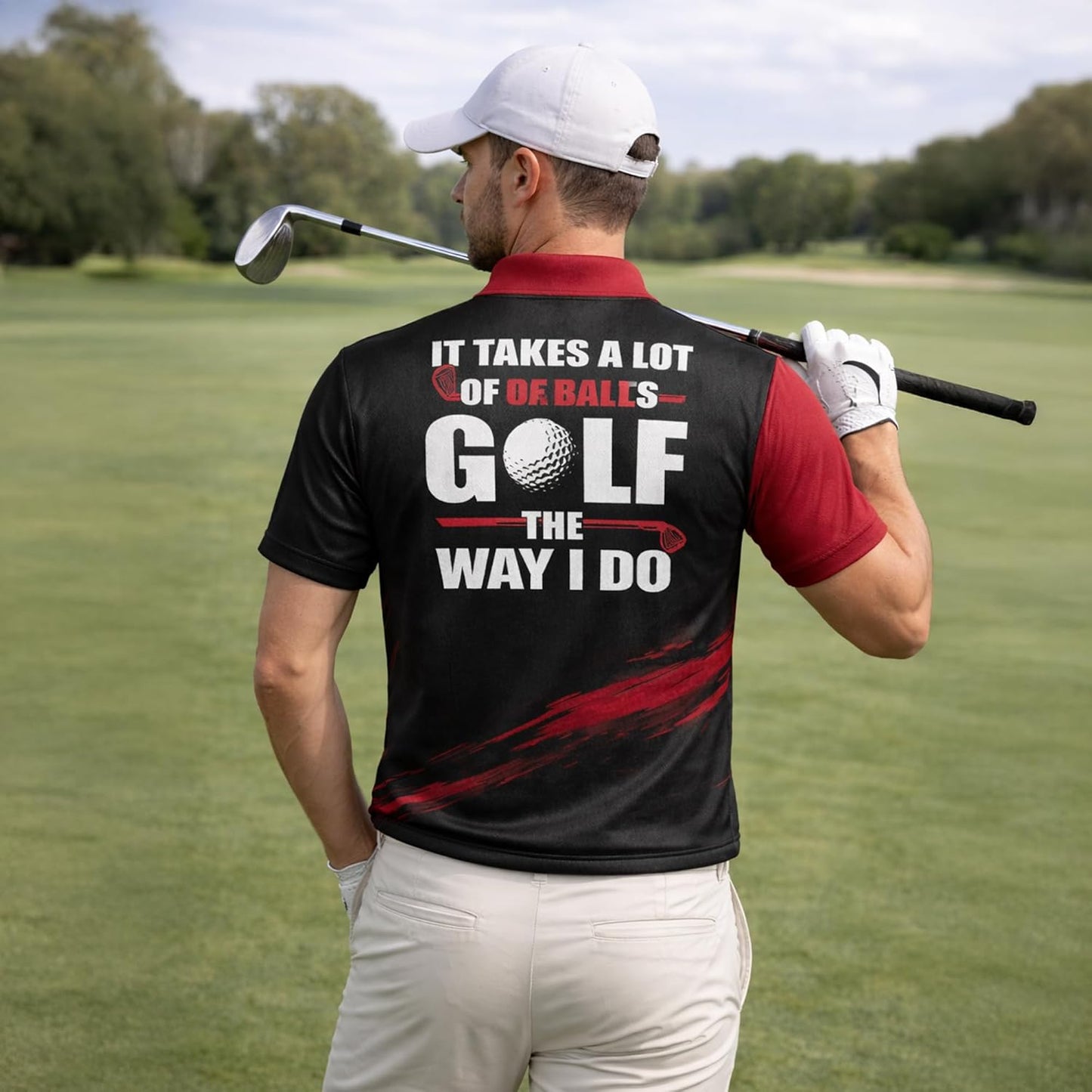 Funny Golf Polo Shirt It Takes A Lot of Balls to Golf Performance Red Black Shirt