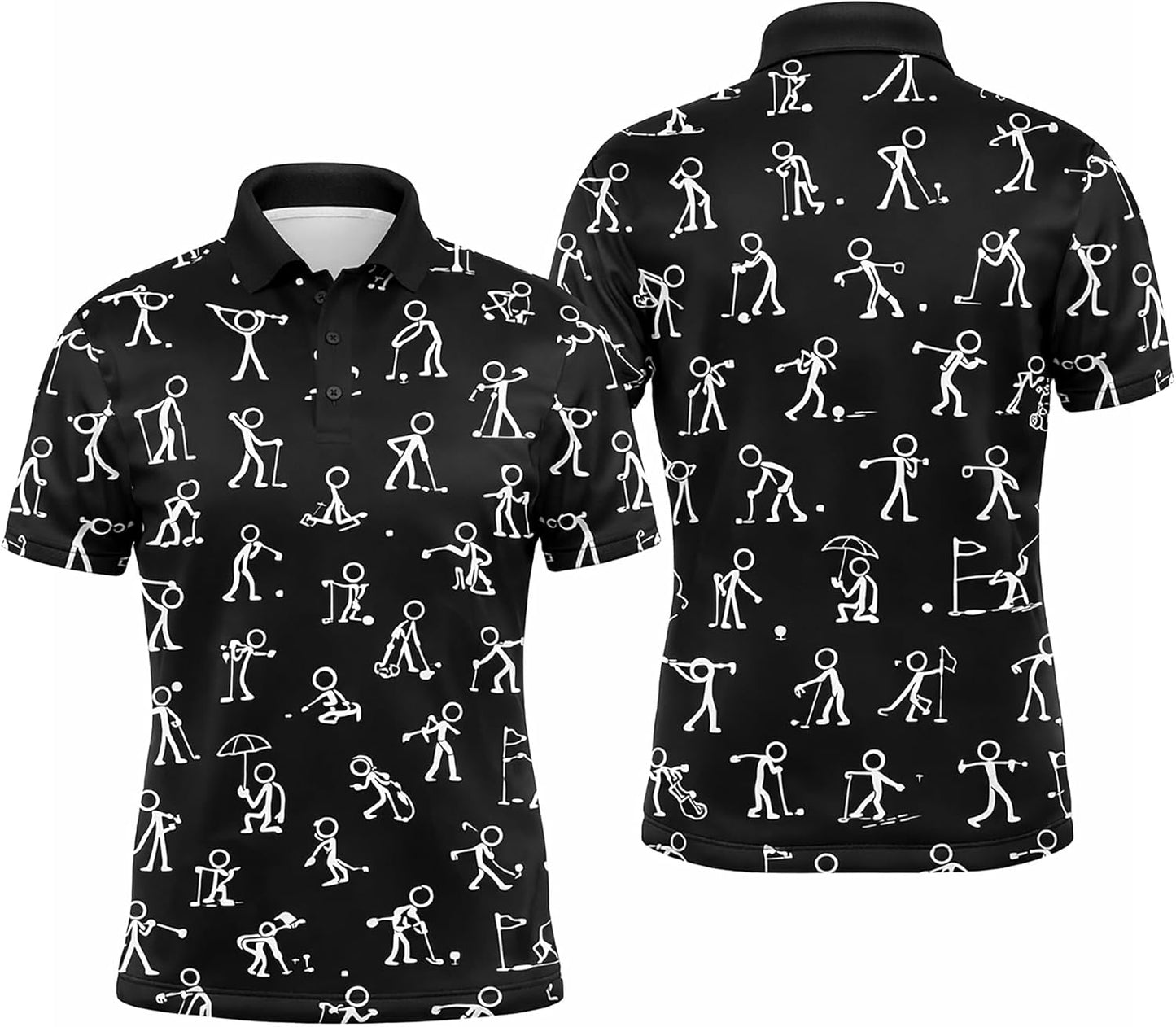 Funny Golf Polo Shirt Stick Figure Golf Pattern Custom Name Black Performance Polo Shirt for Men