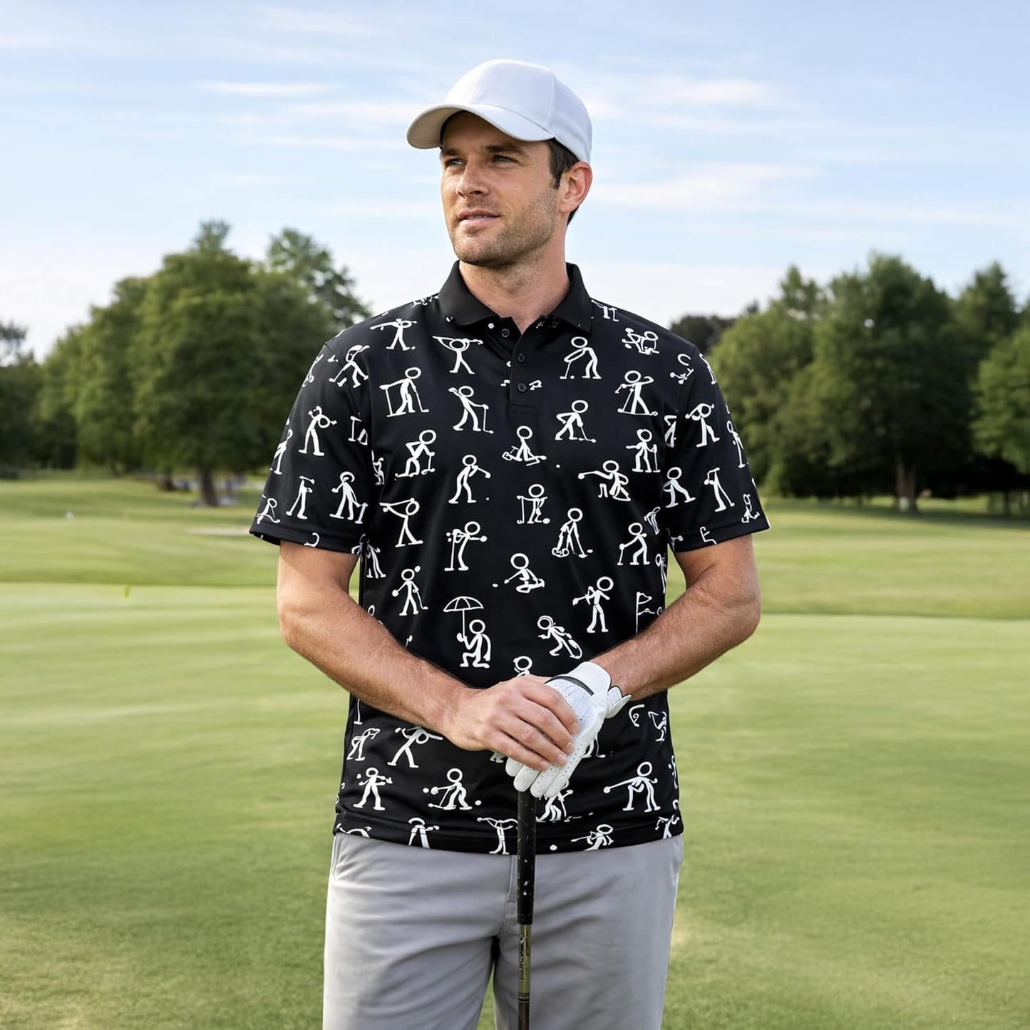 Funny Golf Polo Shirt Stick Figure Golf Pattern Custom Name Black Performance Polo Shirt for Men