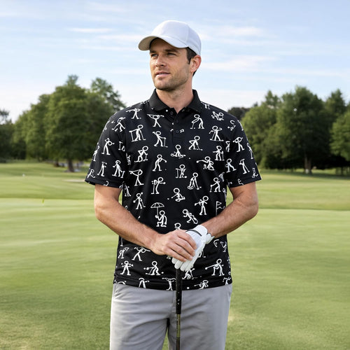 Funny Golf Polo Shirt Stick Figure Golf Pattern Custom Name Black Performance Polo Shirt for Men