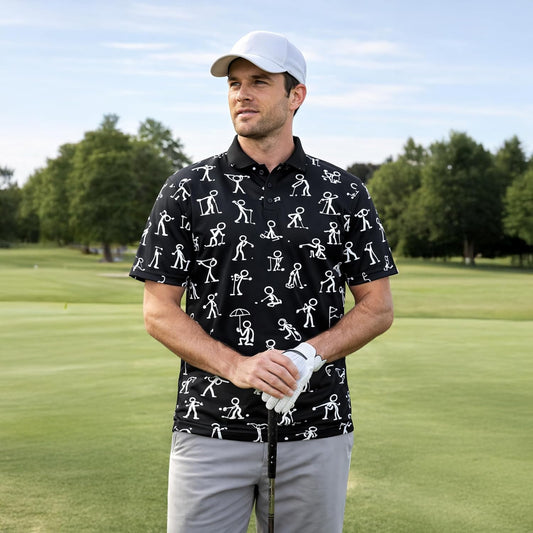 Funny Golf Polo Shirt Stick Figure Golf Pattern Custom Name Black Performance Polo Shirt for Men