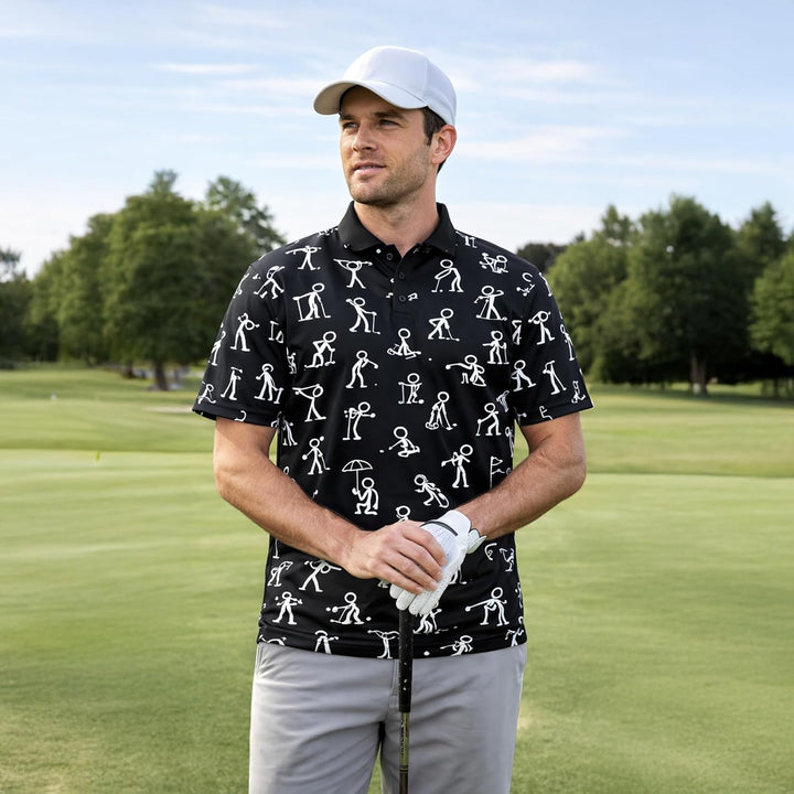 Funny Golf Polo Shirt Stick Figure Golf Pattern Custom Name Black Performance Polo Shirt for Men