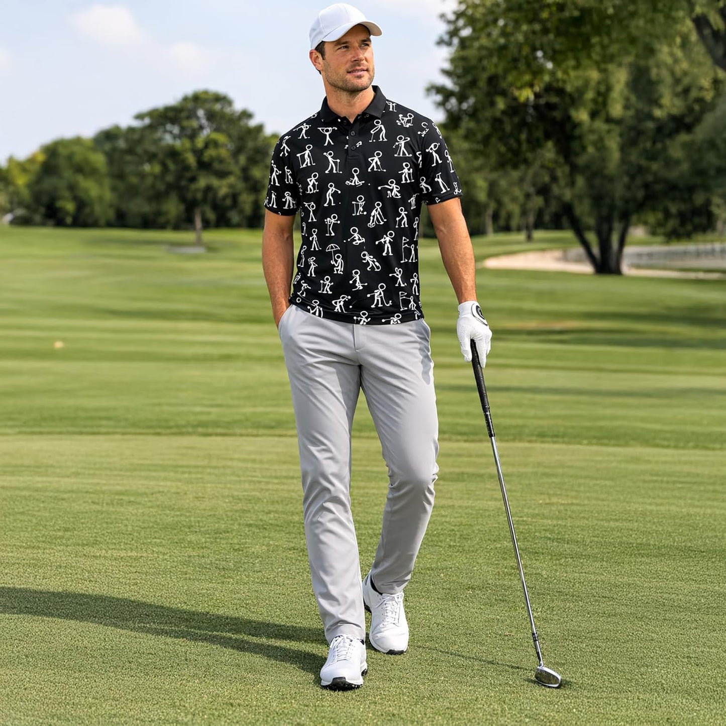 Funny Golf Polo Shirt Stick Figure Golf Pattern Custom Name Black Performance Polo Shirt for Men