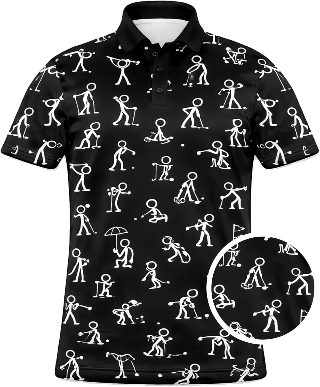 Funny Golf Polo Shirt Stick Figure Golf Pattern Custom Name Black Performance Polo Shirt for Men