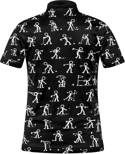 Funny Golf Polo Shirt Stick Figure Golf Pattern Custom Name Black Performance Polo Shirt for Men