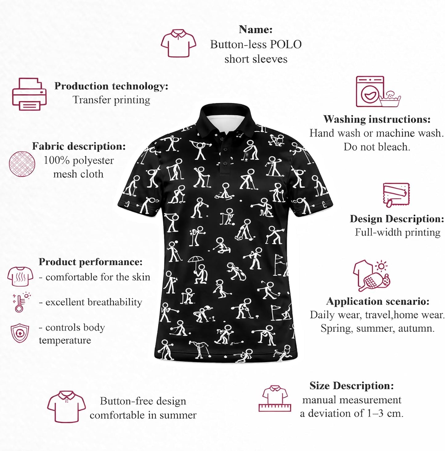 Funny Golf Polo Shirt Stick Figure Golf Pattern Custom Name Black Performance Polo Shirt for Men