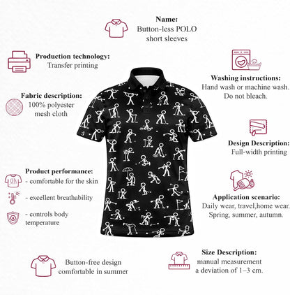 Funny Golf Polo Shirt Stick Figure Golf Pattern Custom Name Black Performance Polo Shirt for Men