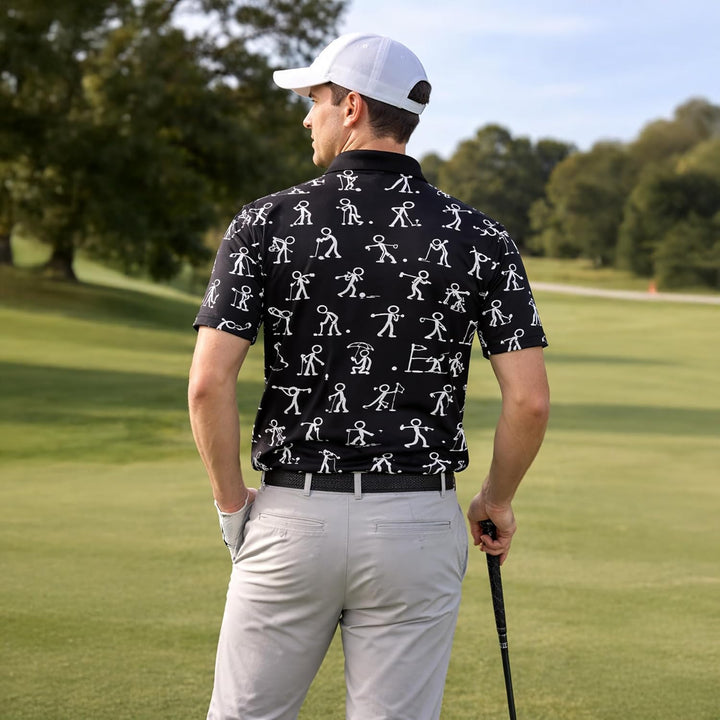 Funny Golf Polo Shirt Stick Figure Golf Pattern Custom Name Black Performance Polo Shirt for Men