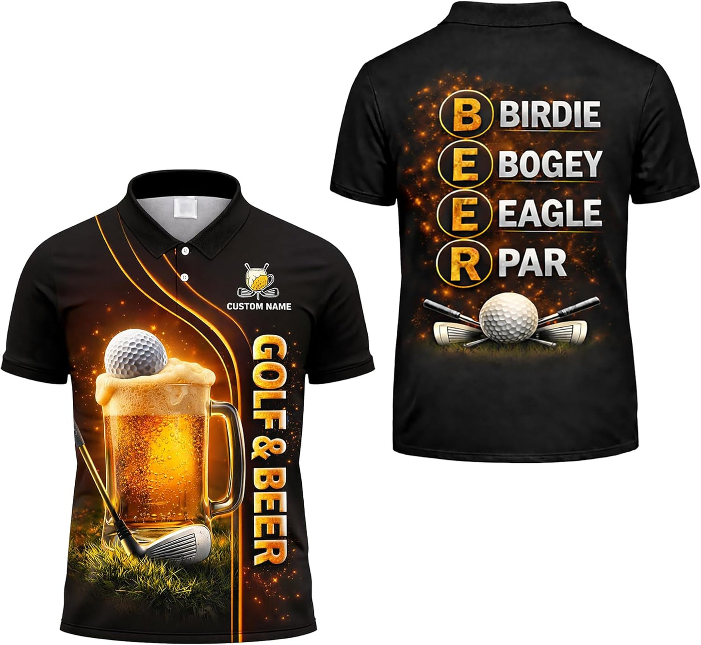 Funny Golf & Beer Polo Shirt Custom Name Golfer Beer Mug Graphic Performance Golf Shirt Black