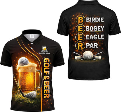 Funny Golf & Beer Polo Shirt Custom Name Golfer Beer Mug Graphic Performance Golf Shirt Black