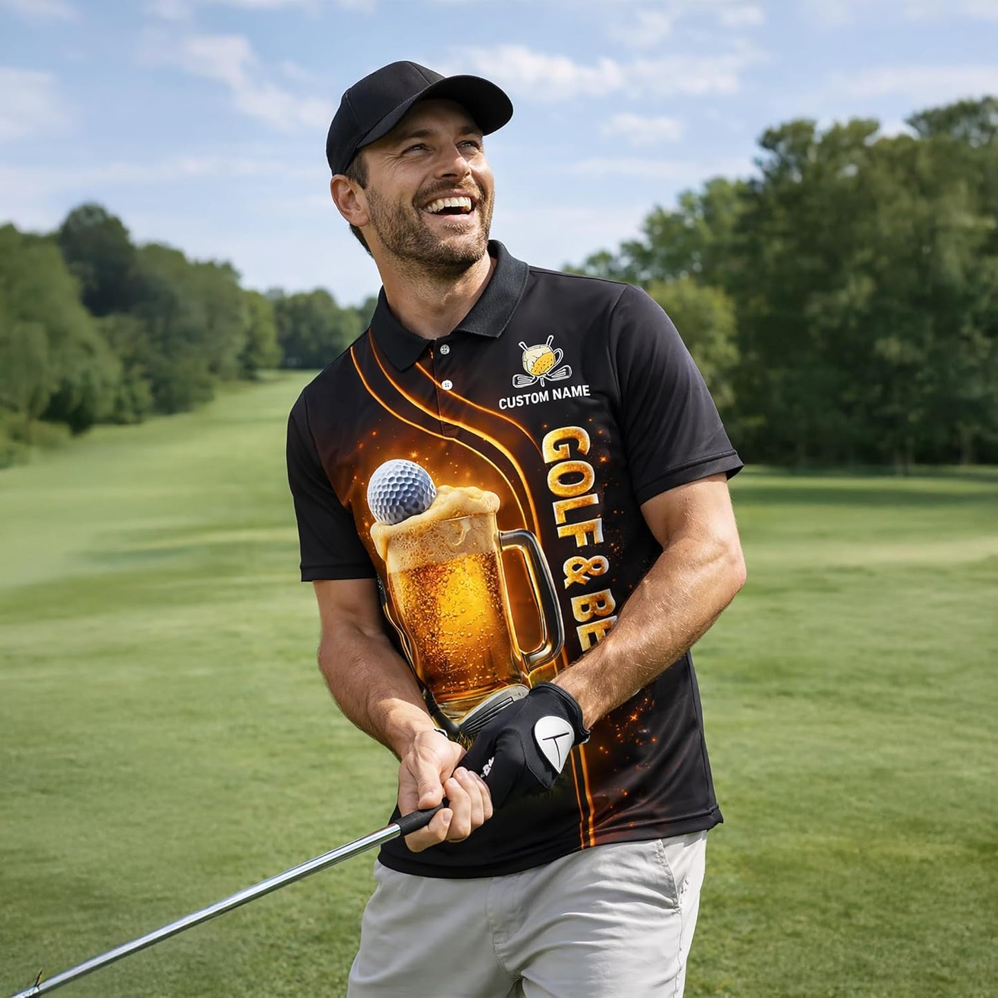 Funny Golf & Beer Polo Shirt Custom Name Golfer Beer Mug Graphic Performance Golf Shirt Black