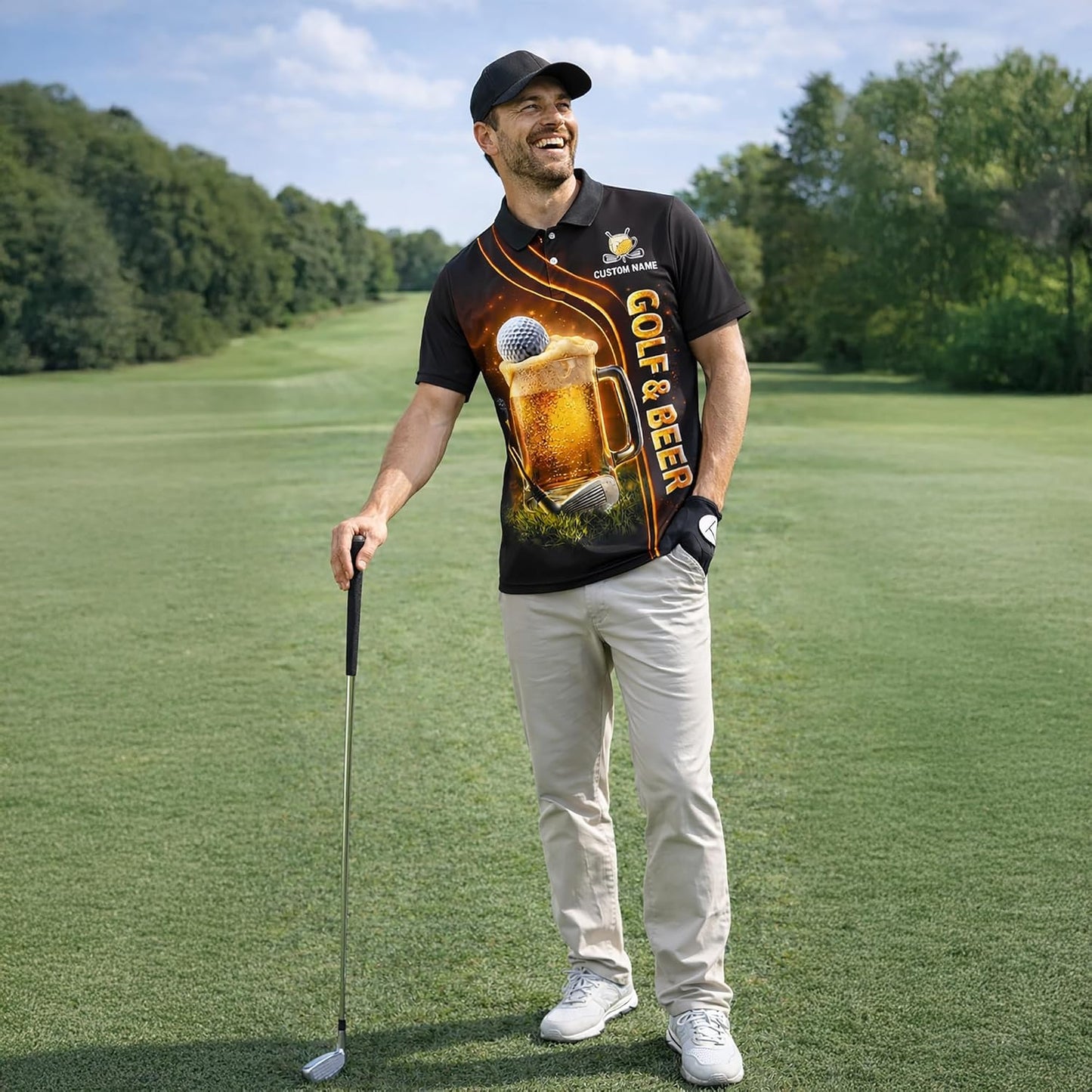 Funny Golf & Beer Polo Shirt Custom Name Golfer Beer Mug Graphic Performance Golf Shirt Black