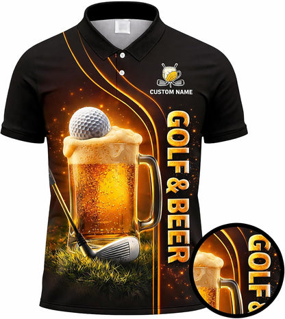 Funny Golf & Beer Polo Shirt Custom Name Golfer Beer Mug Graphic Performance Golf Shirt Black