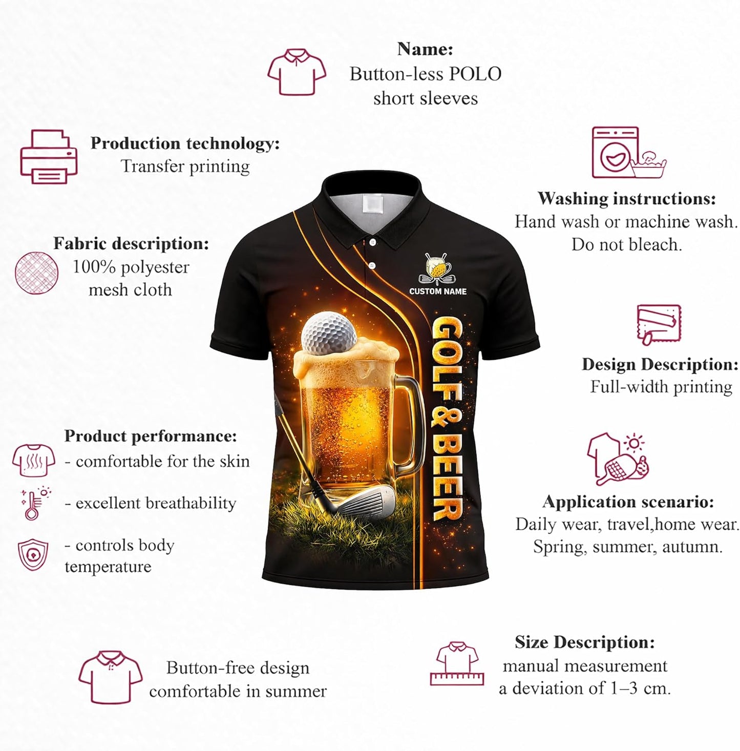 Funny Golf & Beer Polo Shirt Custom Name Golfer Beer Mug Graphic Performance Golf Shirt Black