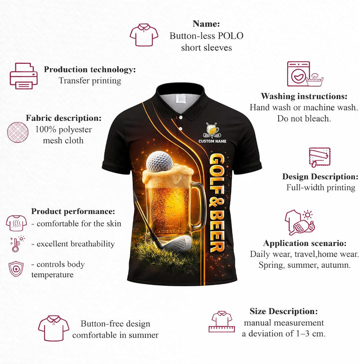 Funny Golf & Beer Polo Shirt Custom Name Golfer Beer Mug Graphic Performance Golf Shirt Black