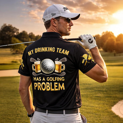 Funny Golf & Beer Polo Shirt My Drinking Team Has A Golfing Problem Custom Name Golf Polo Shirt Men Performance Golf Shirt Black