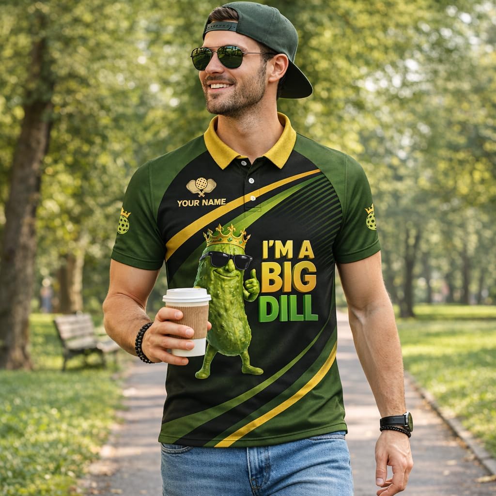 Funny Pickleball Big Dill Polo Shirt Custom Name Pickleball Performance Shirt for Men Women Black