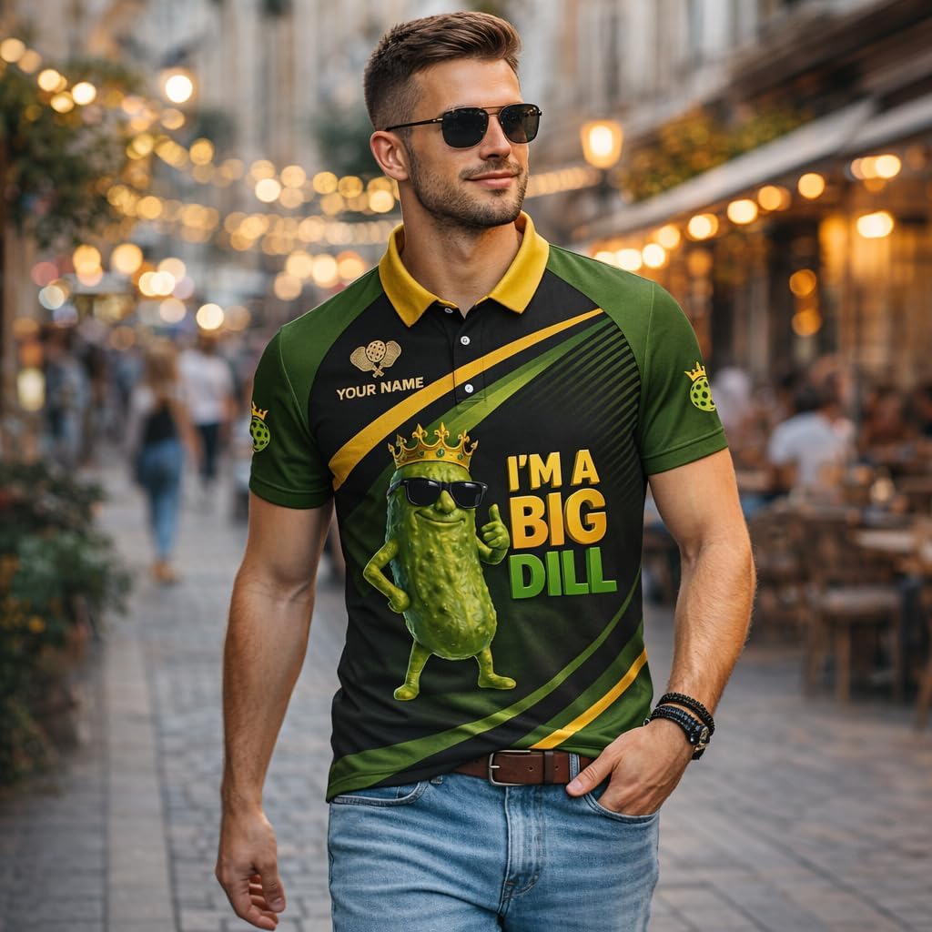 Funny Pickleball Big Dill Polo Shirt Custom Name Pickleball Performance Shirt for Men Women Black
