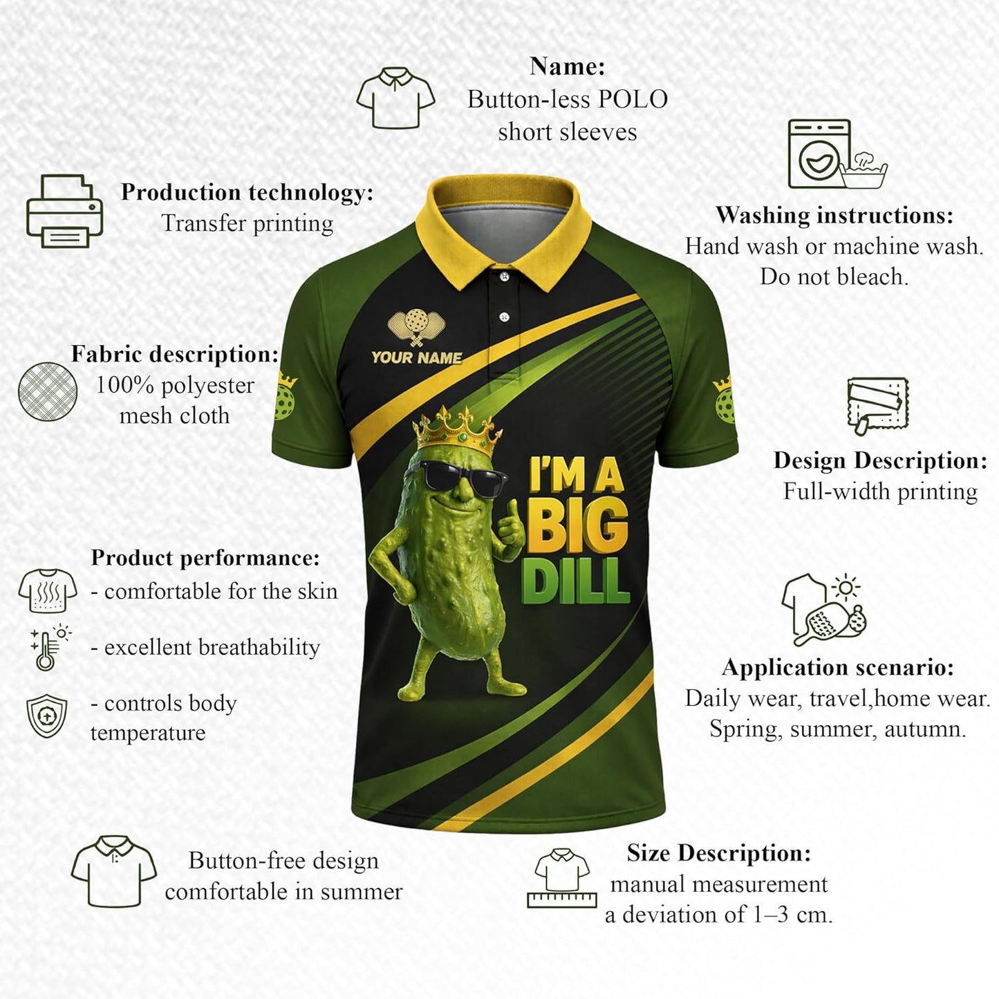Funny Pickleball Big Dill Polo Shirt Custom Name Pickleball Performance Shirt for Men Women Black